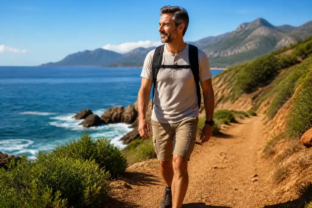 Homme age actif marchant avec energie et vitalite