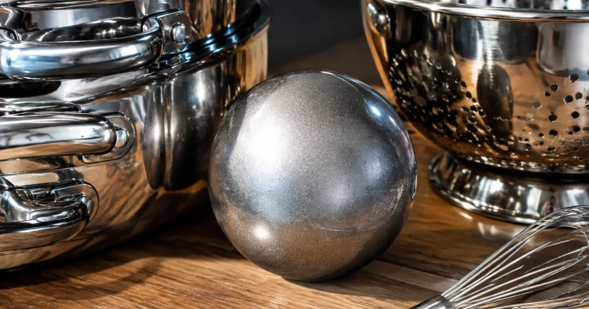 Sphere metallique grise posee parmi les ustensiles brillants