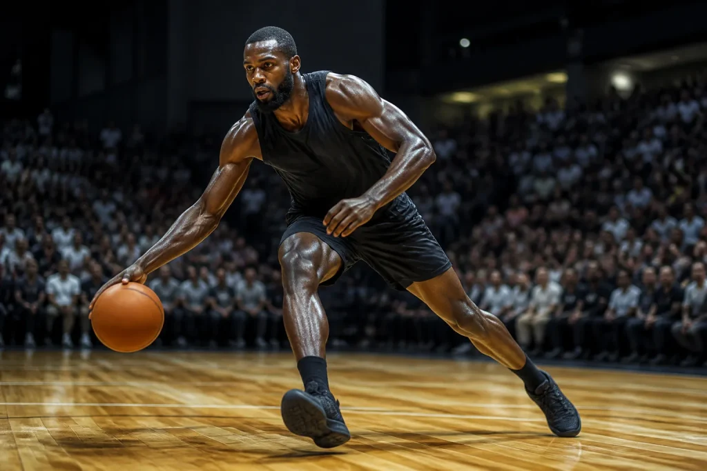 Sportif geant driblant ballon sur parquet
