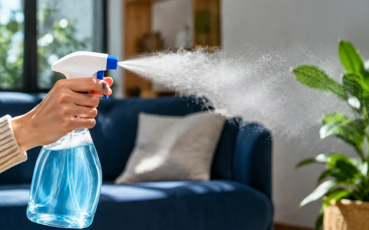 Bouteille spray menager libere brume blanche dense flottante maison