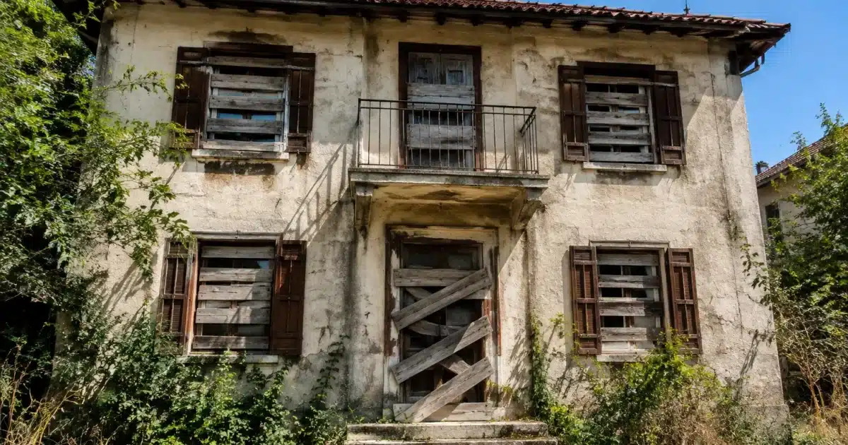 Facade de villa abandonnee avec portes forcees et fenetres barricadees