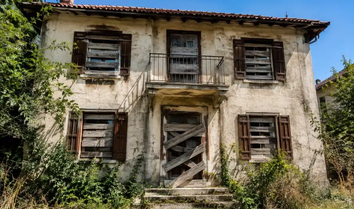 Facade de villa abandonnee avec portes forcees et fenetres barricadees