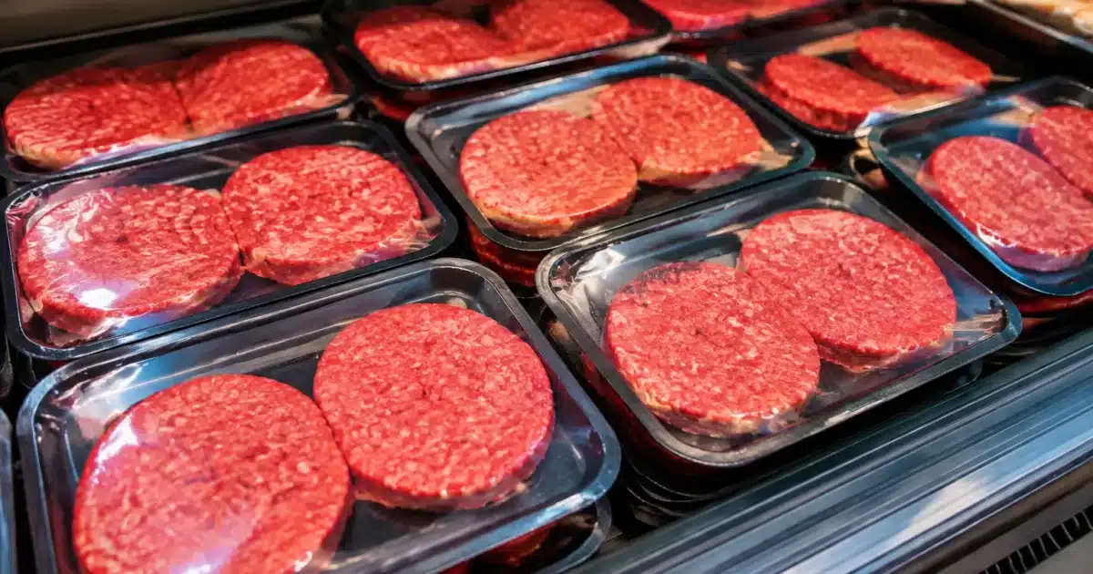 Emballages steaks hachés rouges supermarche rayon viande froide