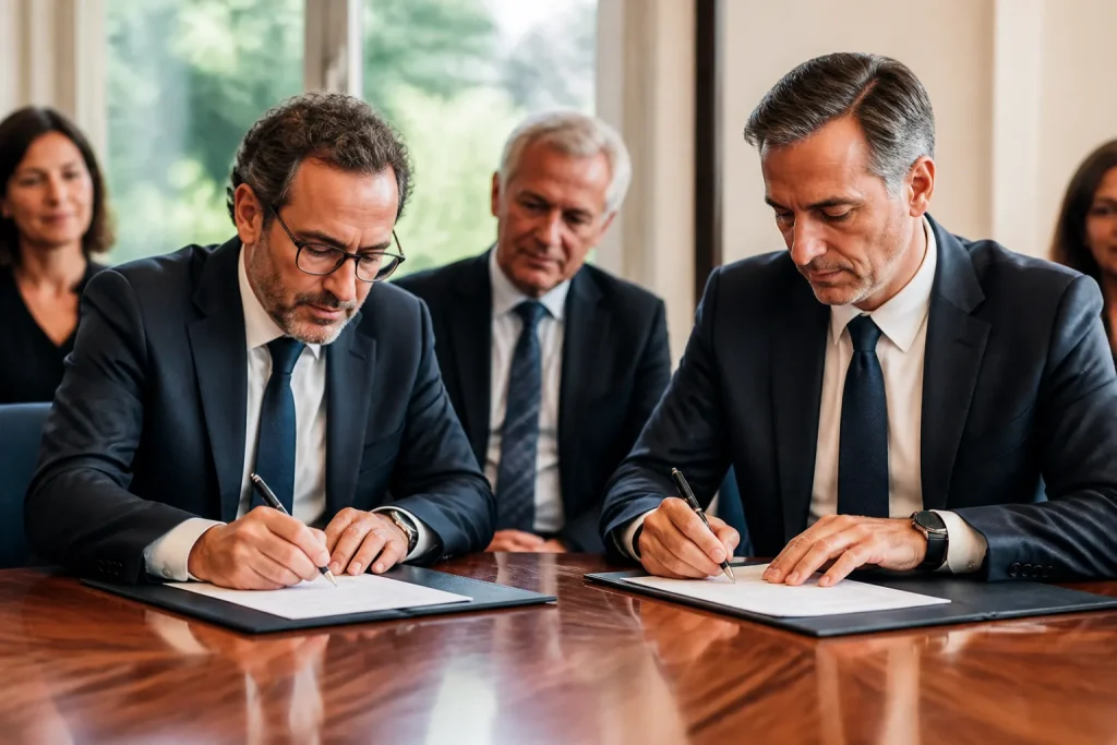 Representants municipaux et banquiers signant accord partenariat