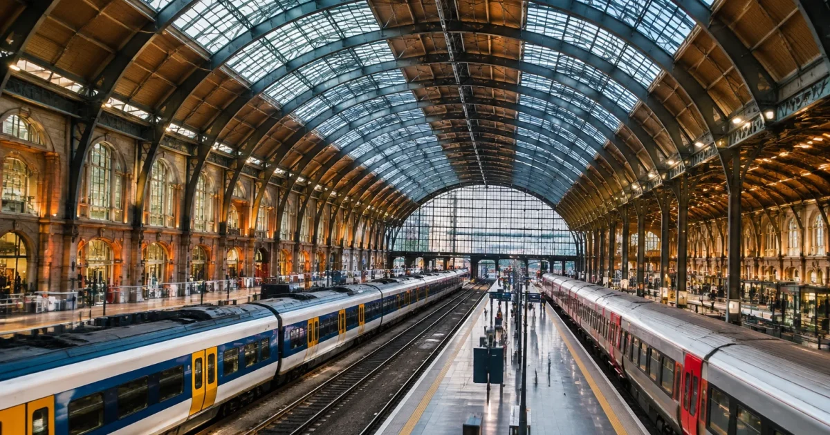 Vaste structure ferroviaire avec voutes monumentales et quais etendus