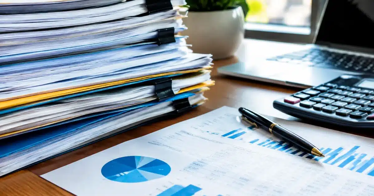 Documents administratifs empilés sur bureau avec chiffres financiers visibles