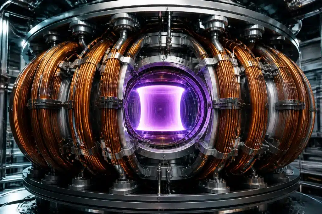 Bobines magnétiques brillantes enroulées autour chambre plasma futuriste