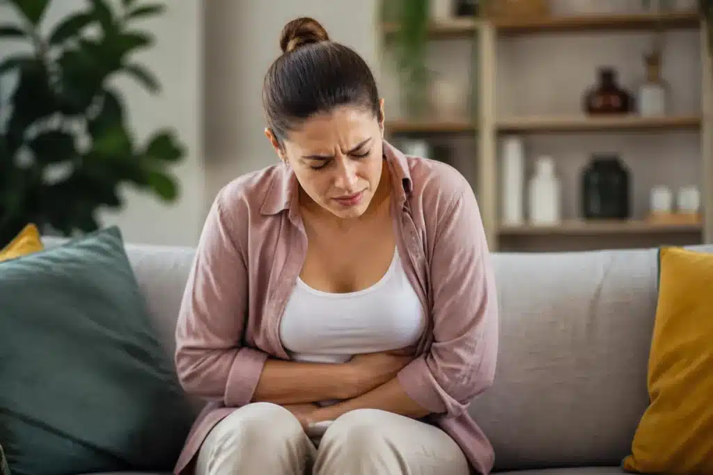Femme tenant son ventre avec expression de douleur digestive