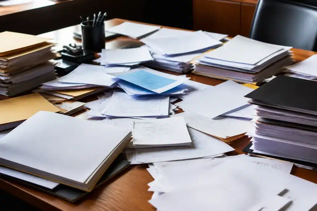 Documents administratifs éparpillés sur bureau sans supervision visible