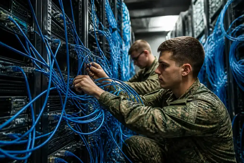 Serveurs informatiques militaires avec cables bleus enchevêtres