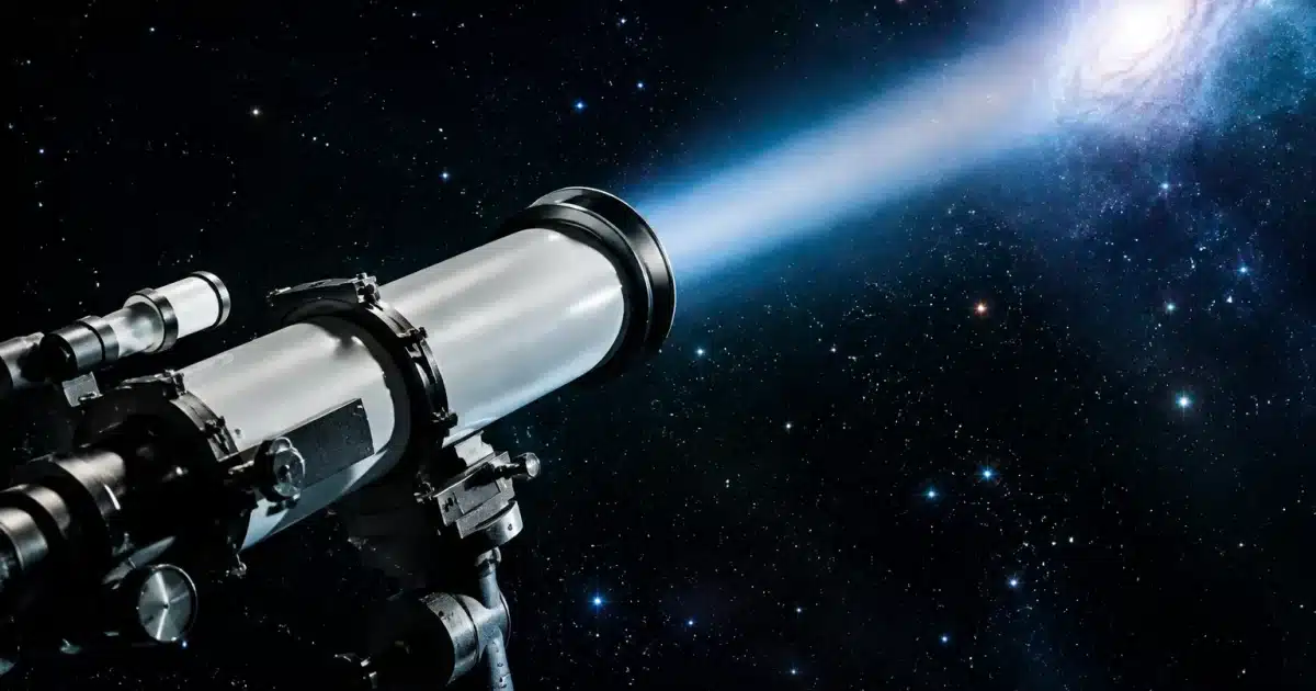 Telescope spatial captant faisceau lumineux lointain dans espace noir profond