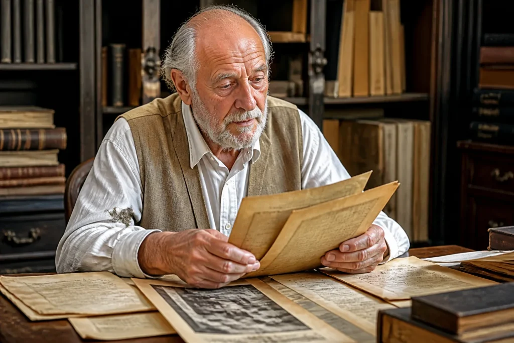 Homme âgé tenant des documents historiques jaunis