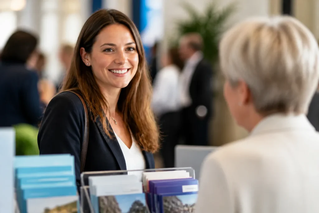 Femme souriant devant stand informatif avec brochures colorées