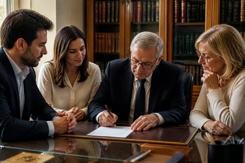 Notaire signant testament avec témoins présents