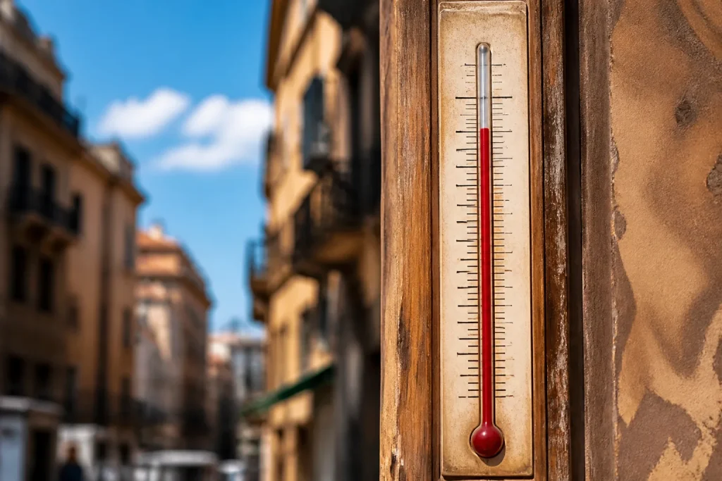 Thermometre depassant quarante degres en plein soleil urbain