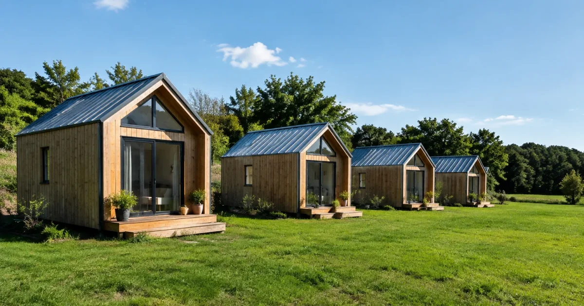 Petites maisons modulaires alignées sur terrain herbeux vide