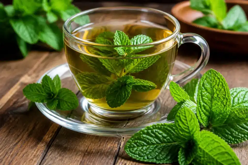 Tasse de tisane verte avec feuilles de menthe fraiche