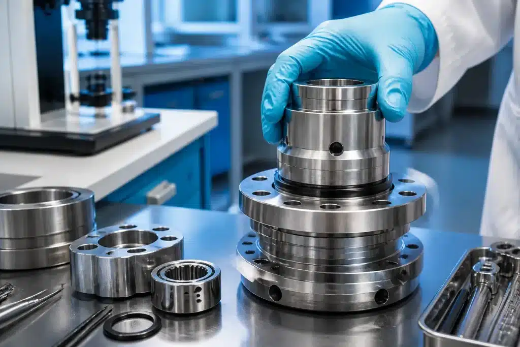 Composants metalliques assembles dans laboratoire scientifique moderne