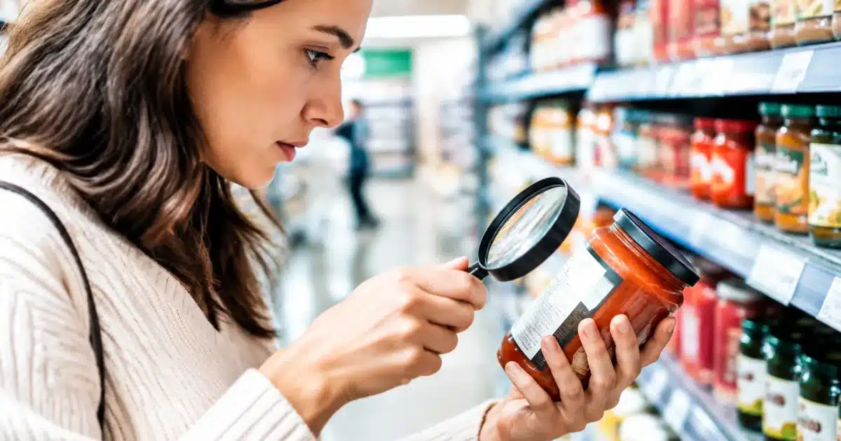 Personne lisant etiquette produit en supermarche, loupe a la main
