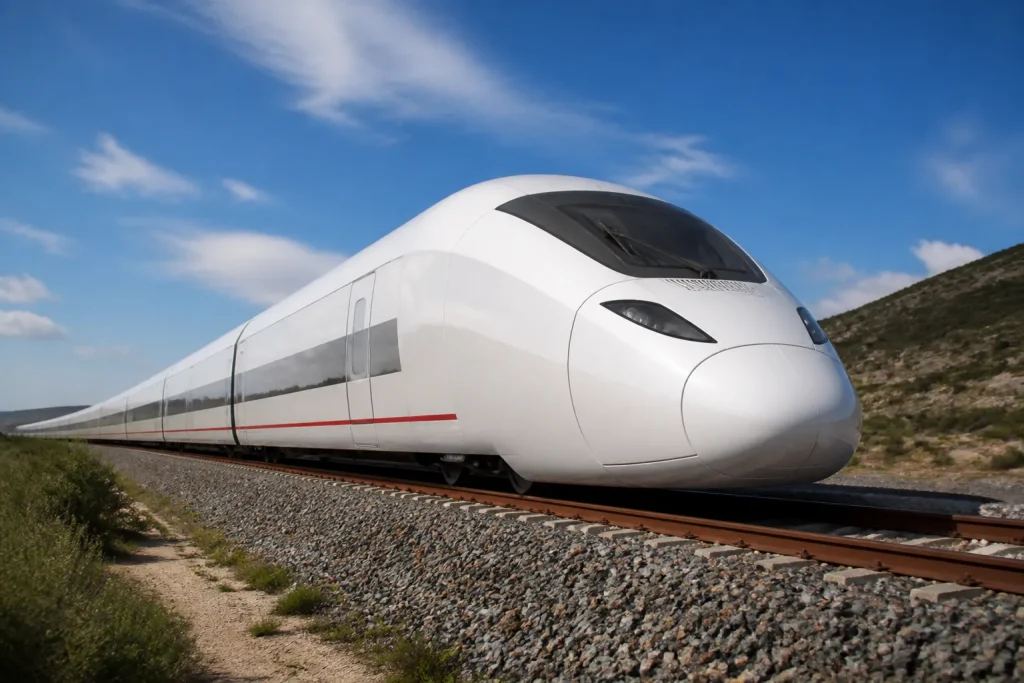 Train blanc nez aerodynamique carrosserie lisse rails