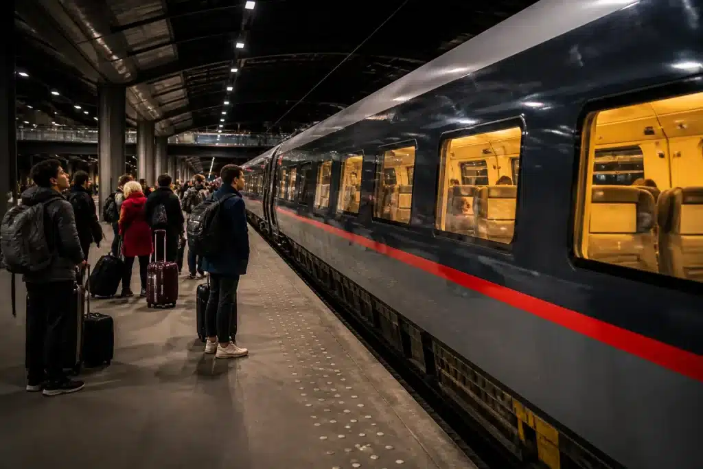 Train de nuit moderne dans gare avec passagers attendant