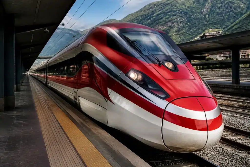 Train moderne rouge et blanc présenté en gare italienne