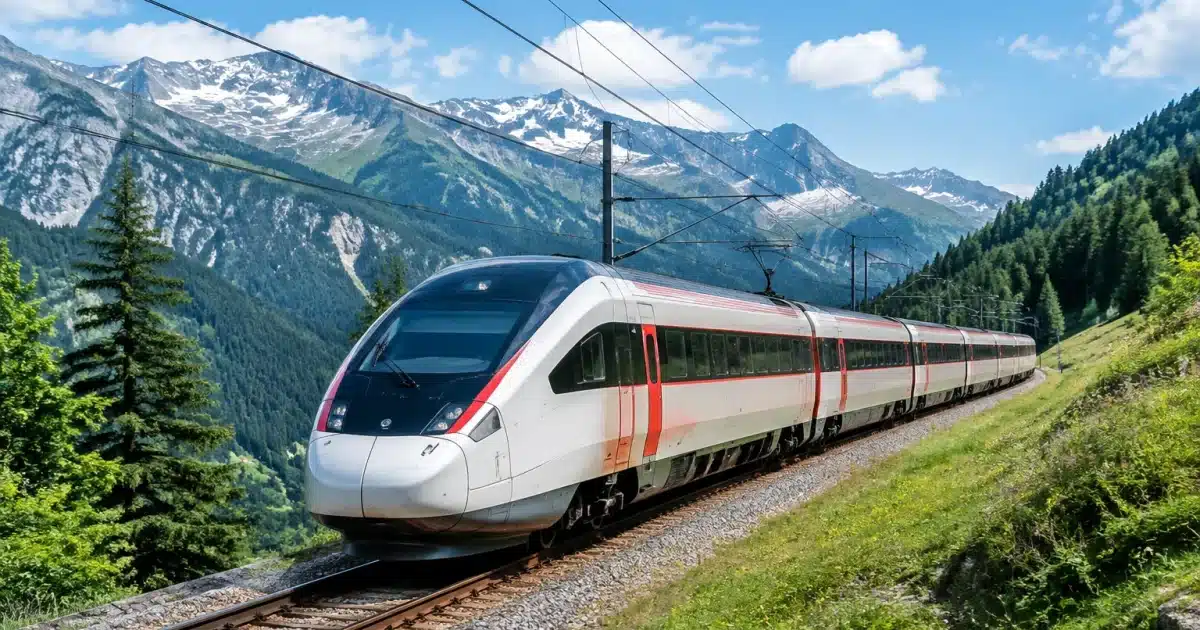 Locomotive moderne aux rails brillants traversant paysage montagneux verdoyant
