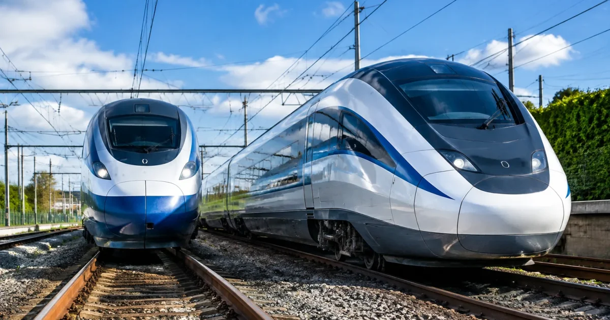 Trains modernes ranges cote a cote sur les rails
