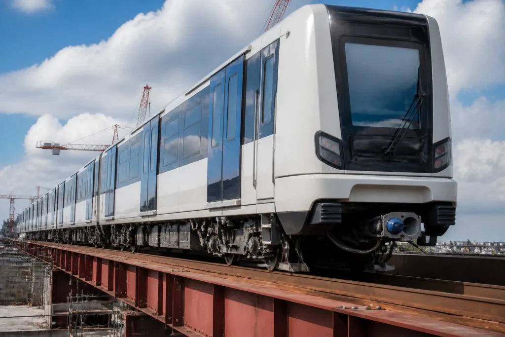 Trains neufs sur voie de construction metallique