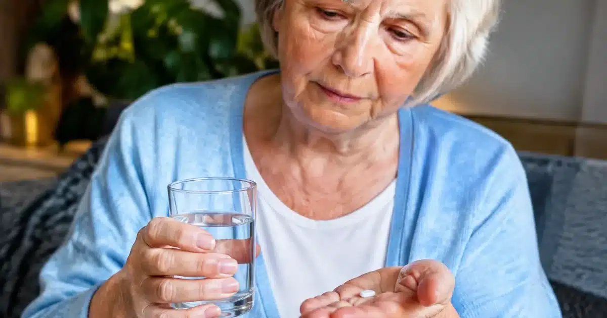 Personne agee tenant medicament blanc dans main ouverte