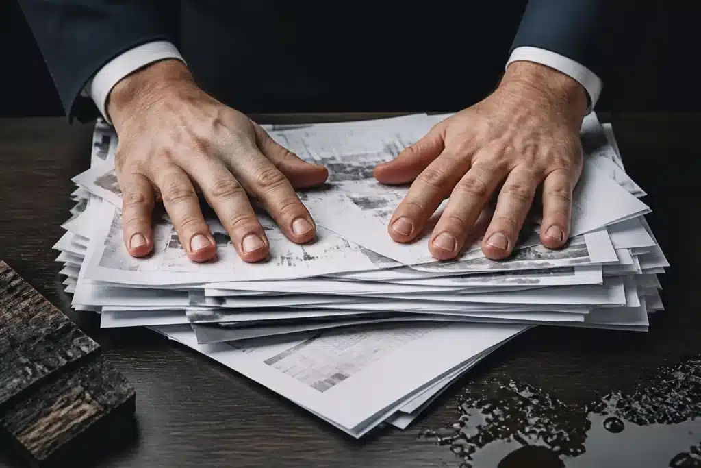 Mains cachant des documents financiers opaques et pollués
