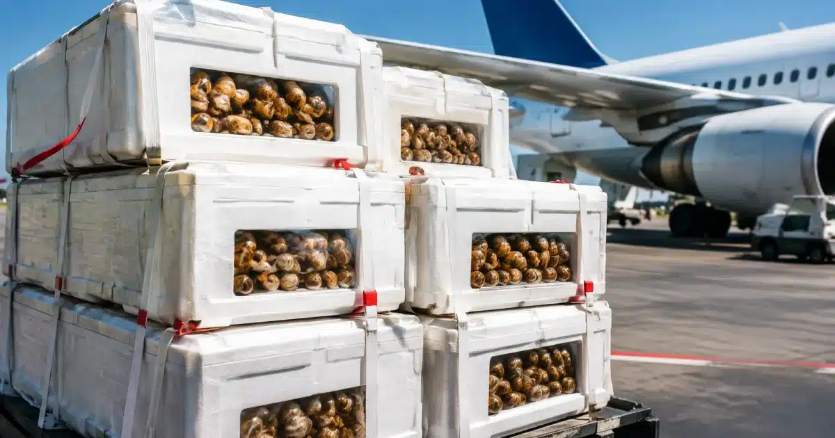 Boites isothermes empilees contenant escargots en danger de transport aerien