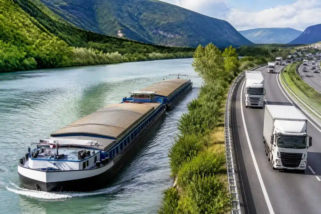 Barges fluviales chargees face a camions routiers modernes