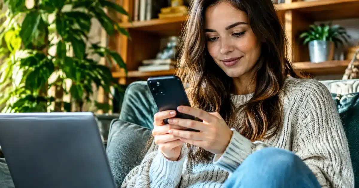 Personne assise devant écran, téléphone en main, environnement domestique