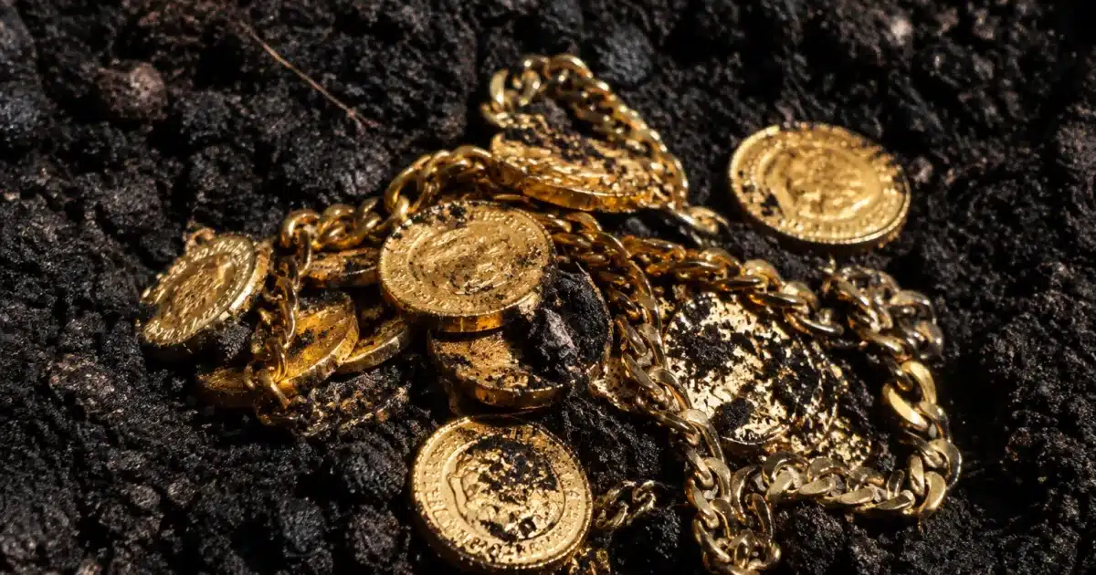 Pieces d'or et chaine metallique posees sur sol sombre apres excavation