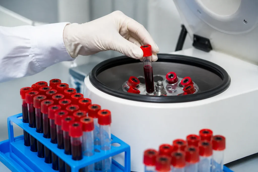 tubes rouges et centrifugeuse laboratoire medical