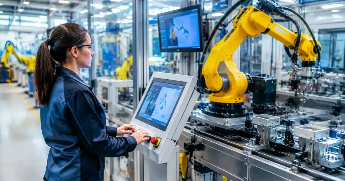 Usine manufacturière moderne avec chaînes production automatisées et écrans numériques