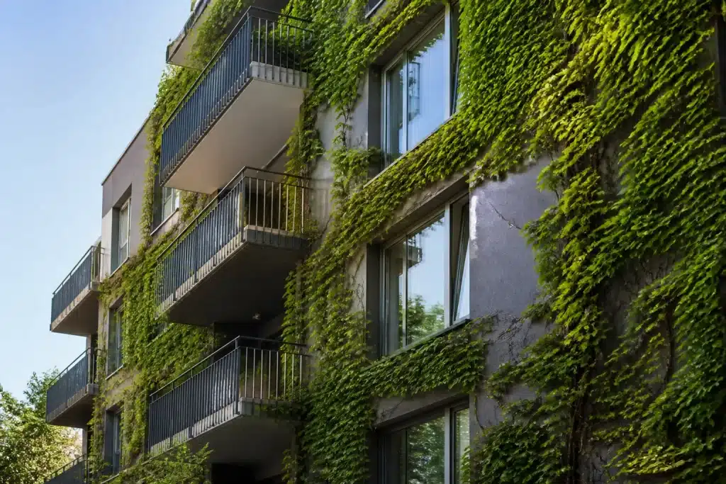 Immeuble résidentiel avec plantes grimpantes sur facade grise