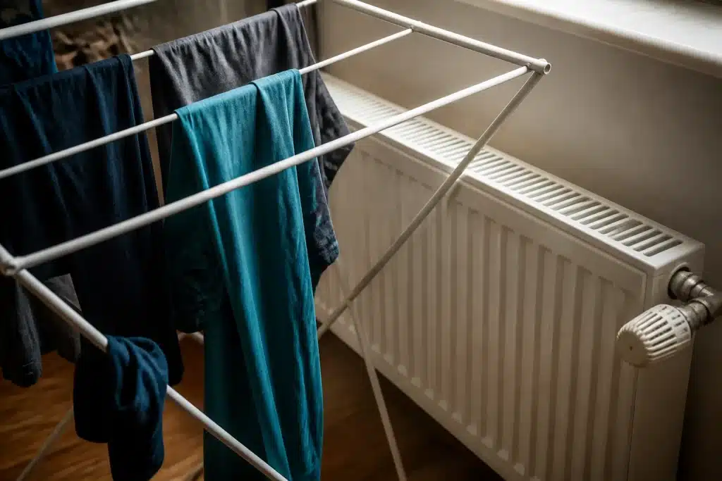Vetements humides sur etendoir pres radiateur chauffant