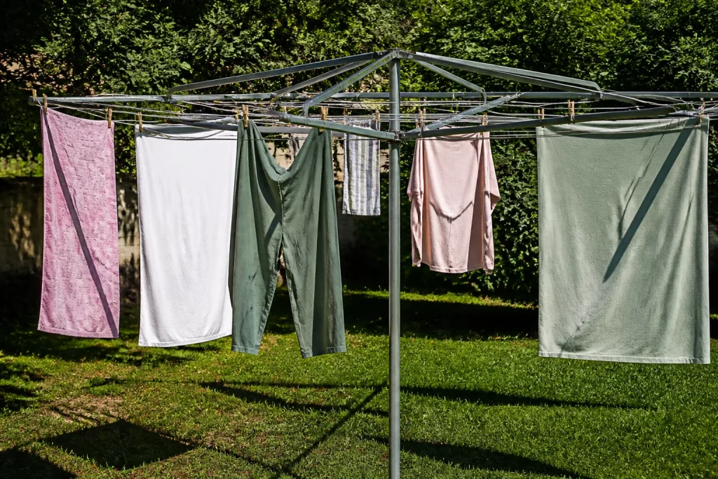 Vetements suspendus largement espaces sur etendoir parapluie