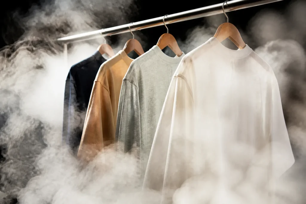 Vetements suspendus dans nuage vapeur blanche