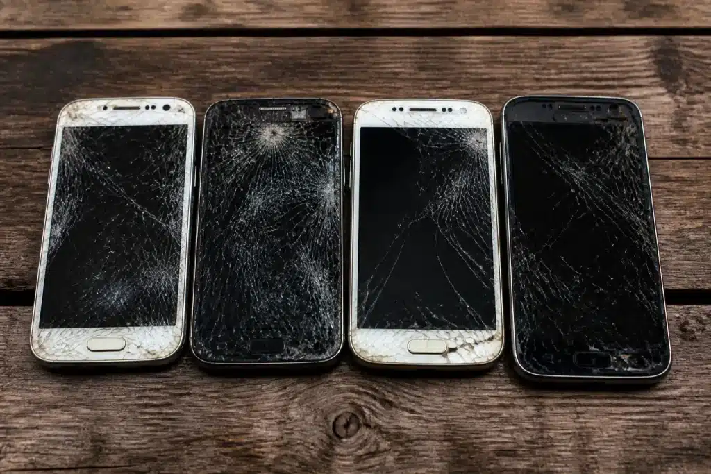 Vieux telephones avec ecrans casses alignes sur surface