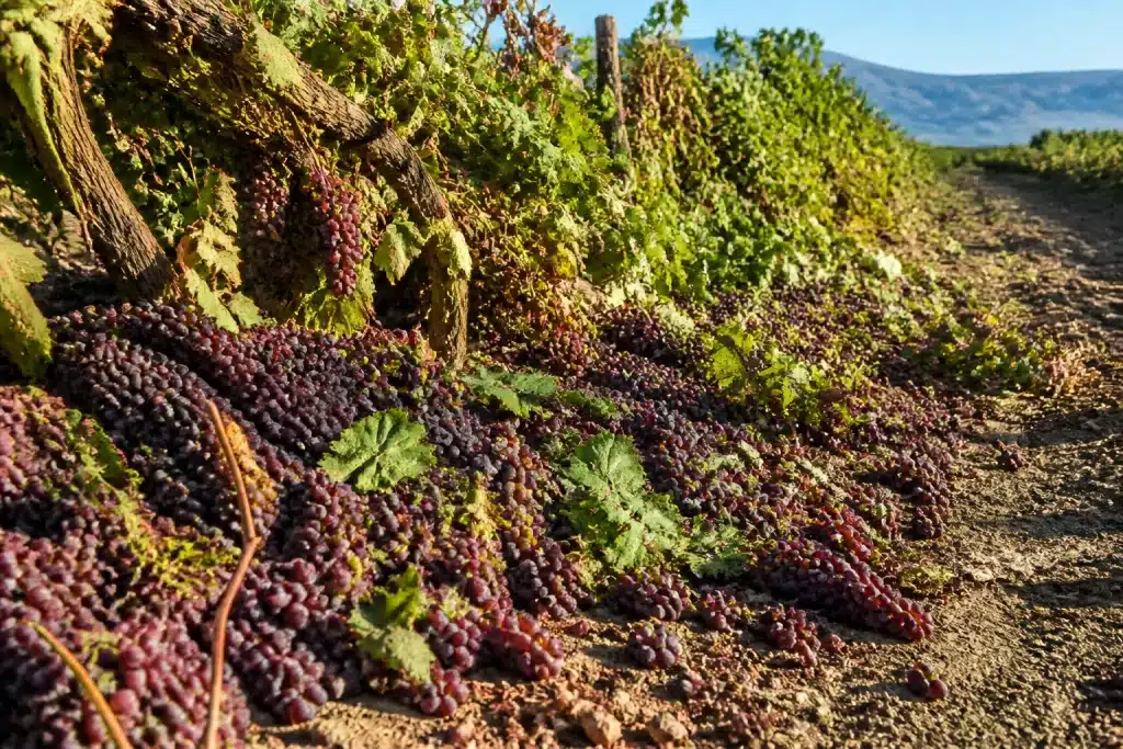 Vignes matures aux raisins rouges détruites sur le sol