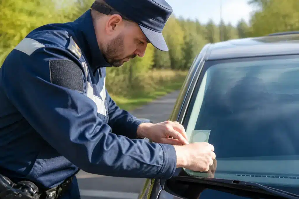 Officier controle vignette autocollante pare-brise automobile