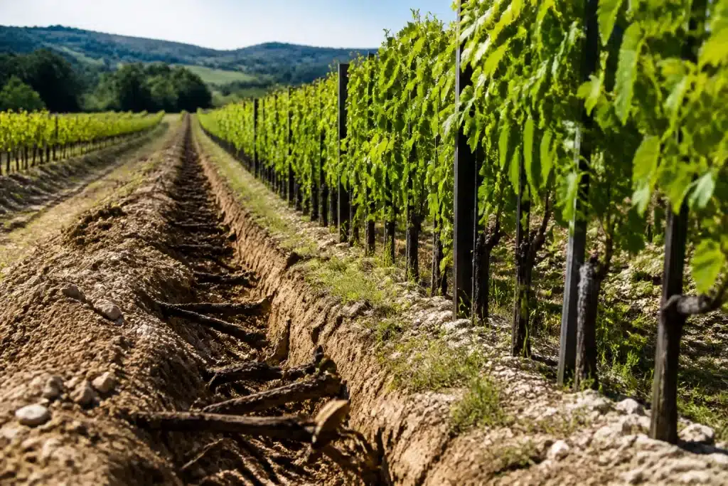Vignobles avec rangees de vignes arrachees et replantees