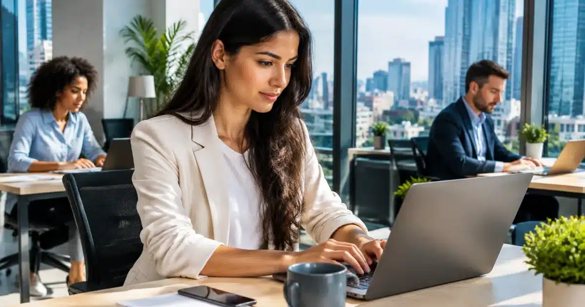 Professionnels travaillant dans bureaux modernes avec façades urbaines visibles
