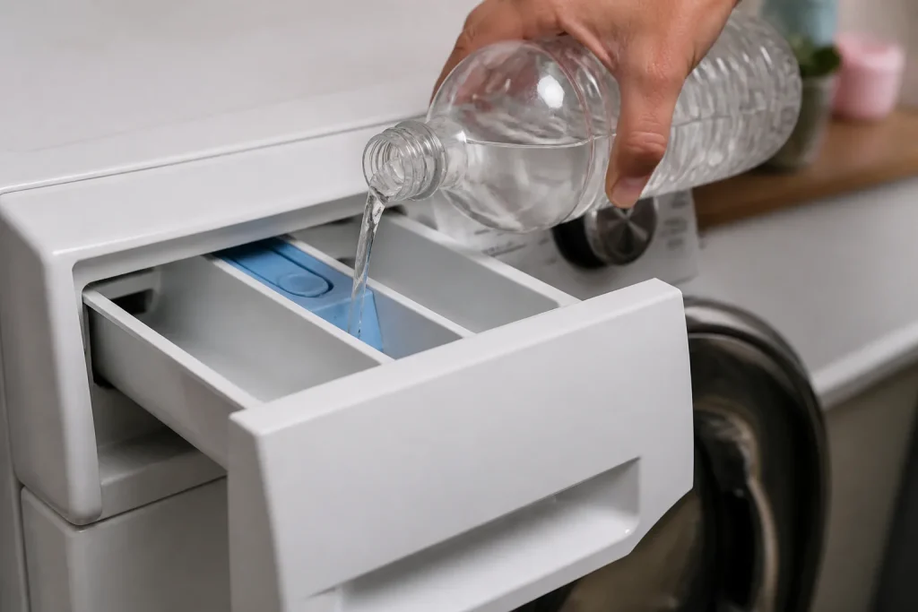 Vinaigre blanc verse dans compartiment adoucissant machine