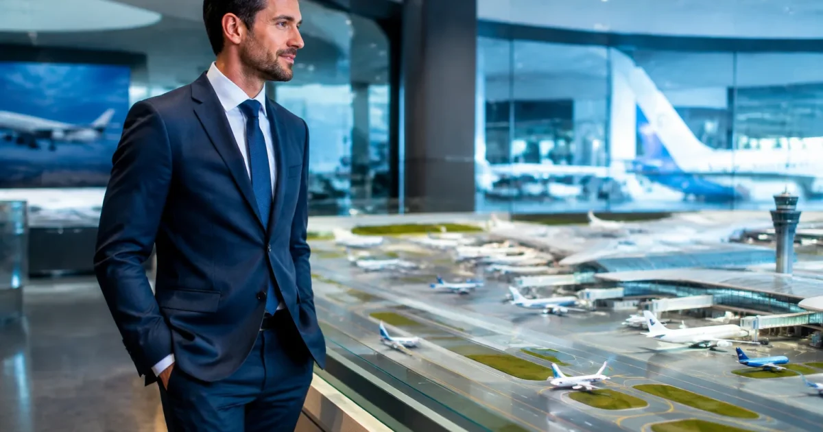 Homme en costume debout devant maquette aéroports mondiaux