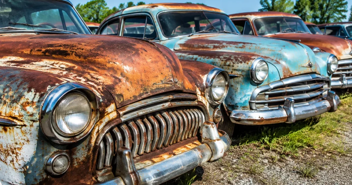 Voitures anciennes stationnees cote a cote, rouille visible sur carrosseries usees