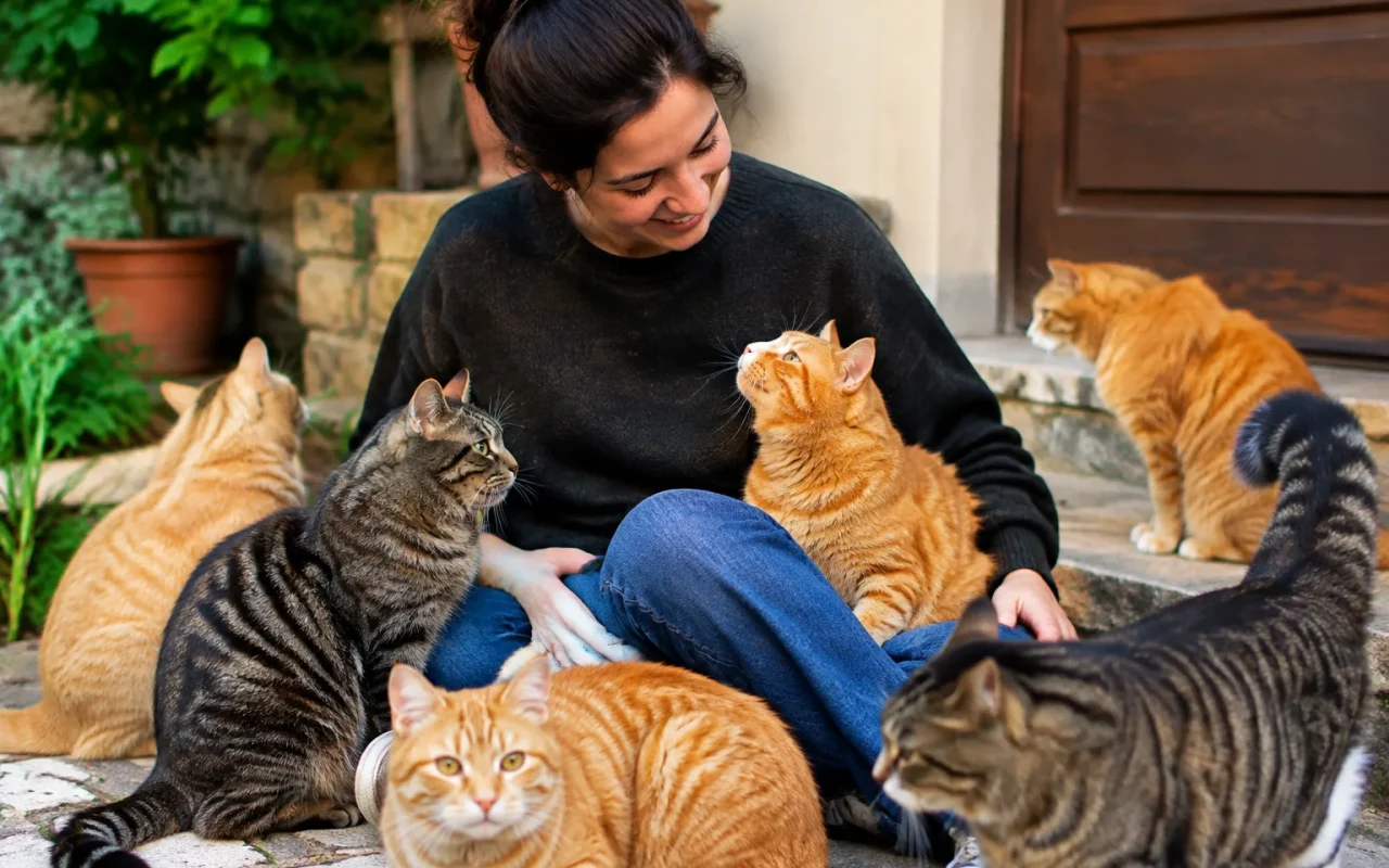 Personne assise au sol entourée de plusieurs chats roux et tigrés